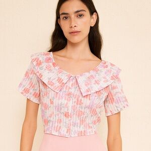 Vintage 70’ Claude Bennett Pink Floral Blouse Shawn collars cottage British 6